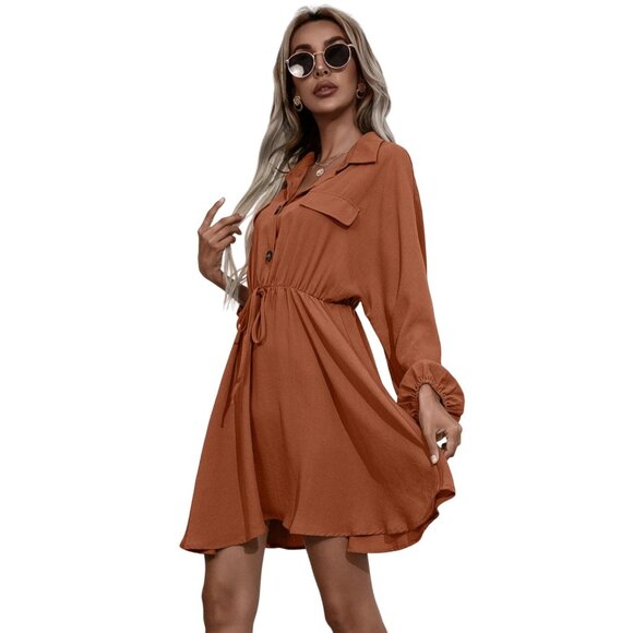 Large Oversized Collared Button Front Long Sleeve Mini Shirt Dress Burnt Orange - Picture 6 of 9